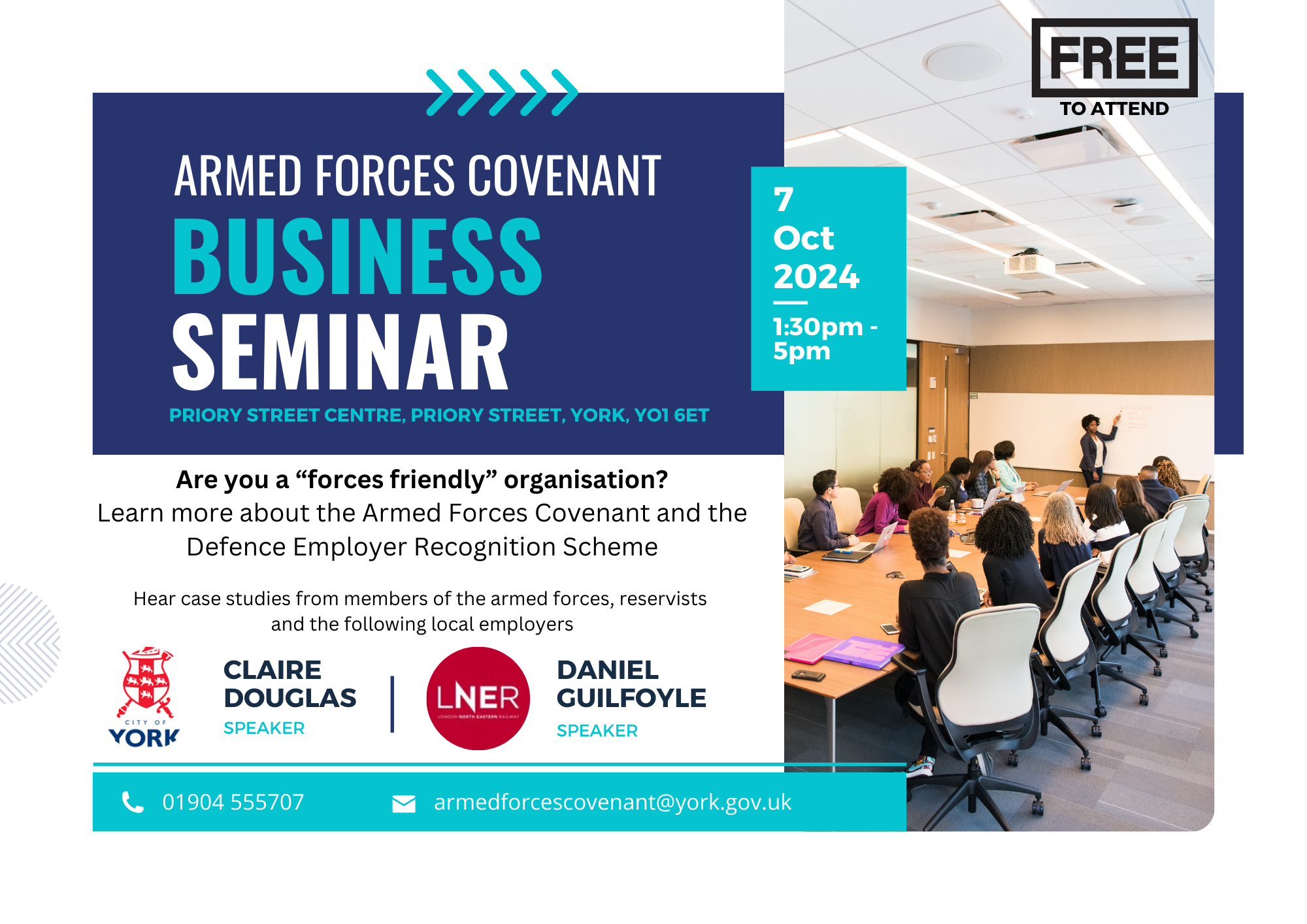 On behalf of City of York Council and the Reserve Forces and Cadets Association, we invite you to join us at the upcoming Armed Forces Covenant (AFC) Business Seminar, to be held on Monday 7 October 2024 in the Priory Street Centre (Main Hall) from 1.30pm to 5.00pm.